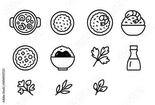 Seafood Rice Icons. Outline icon set of seafood rice dishes: paella pan, risotto plate, fried rice with shrimp