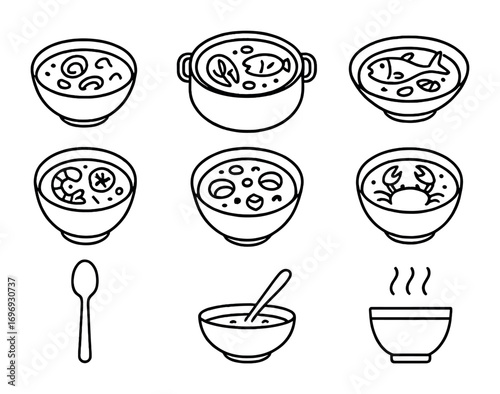 Seafood Soup Icons. Outline icon set of seafood soups and stews: clam chowder bowl, bouillabaisse pot, fish