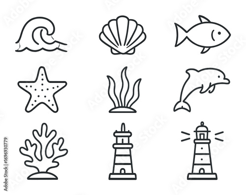 Ocean Icons Collection. Outline icon set of ocean reference designs: wave, seashell, fish, starfish, seaweed,