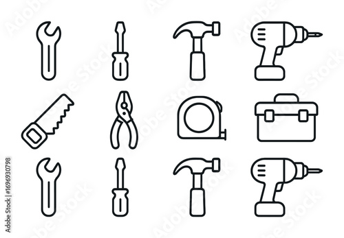 Hardware Tool Icons. Outline icon set of hardware store tools: wrench, screwdriver, hammer, drill, saw, pliers