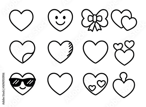 Playful Heart Icons. Outline icon set of playful heart symbols: cartoon heart, smiling heart face,