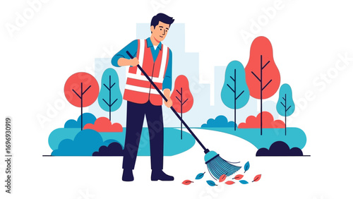 Community Care: A dedicated individual, equipped with a broom, meticulously cleans a park pathway amidst trees. This image conveys commitment to communal wellbeing, a vibrant tableau.