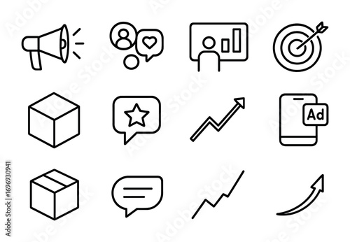 Marketing Iconography Set. Outline icon set of marketing decision-making: megaphone, social media icon,