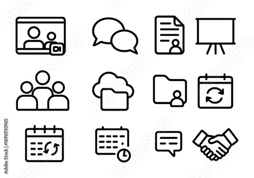 Virtual Team Icons. Outline icon set of virtual team collaboration: video call screen, chat bubbles, shared