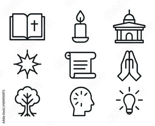 Religious Teachings Icons. Outline icon set of religious teachings on destiny: holy book, candle flame, temple