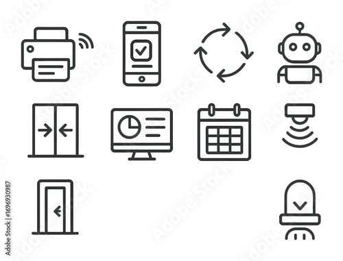 Office Automation Icons. Outline icon set of office automation: smart printer, task scheduling app, workflow