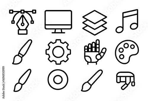 AI Creativity Icons. Outline icon set of AI creativity tools: pen tool, monitor, layers, music note, brush,