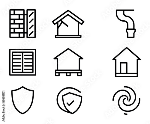 Storm-Ready Architecture Icons. Outline icon set of storm-resistant architecture: reinforced wall, roof