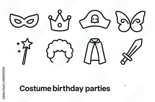 Costume Party Icons. Outline icon set of costume birthday parties: superhero mask, princess crown, pirate hat,