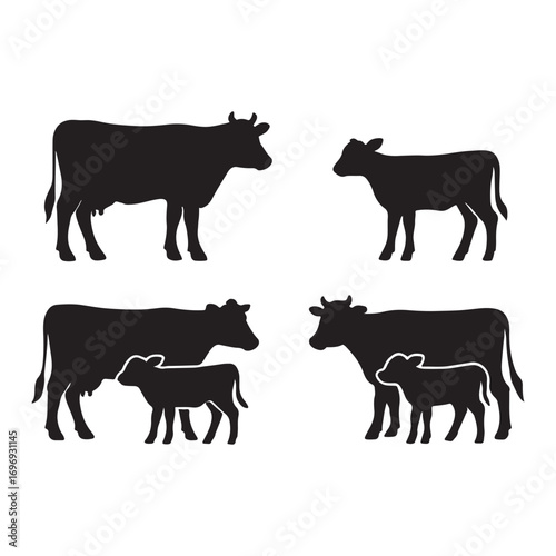 cow and calf silhouette set. cow and calf isolated farm animal silhouette icon vector collection
