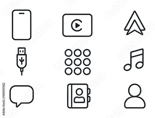 Smartphone Integration Icons. Outline icon set of smartphone integration: phone screen, Apple CarPlay, Android