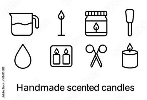 Scented Candle Icons. Outline icon set of handmade scented candles: wax pot, wick, jar, spatula, droplet, mold