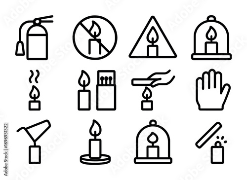 Candle Safety Icons. Outline icon set of candle safety practices: extinguisher, no flame symbol, warning