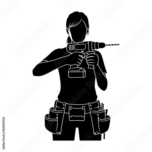 Woman using drill while wearing tool belt in work environment  