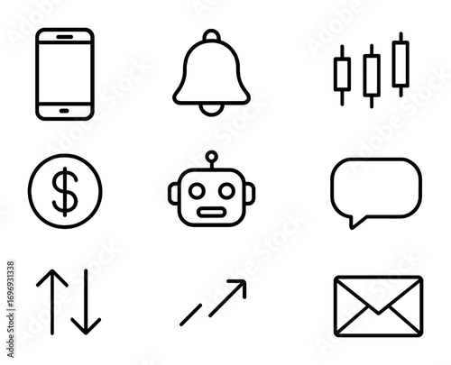 Trading Notification Icons. Outline icon set of trading notifications: smartphone, bell, candlestick chart,