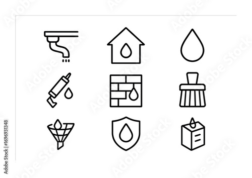 Home Waterproofing Icons. Outline icon set of home waterproofing: gutter, roof, droplet, sealant, wall, brush,