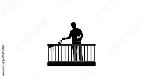 Man painting wooden railing with brush on white background  