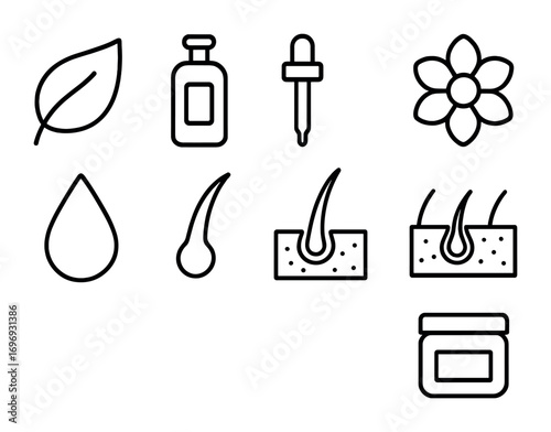 Organic Hair Care Icons. Outline icon set of organic hair care: leaf, bottle, dropper, flower, droplet, hair