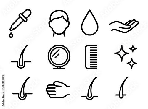 Hair Serum Icon Set. Outline icon set of applying hair serum: dropper, scalp, droplet, hand, hair strand,
