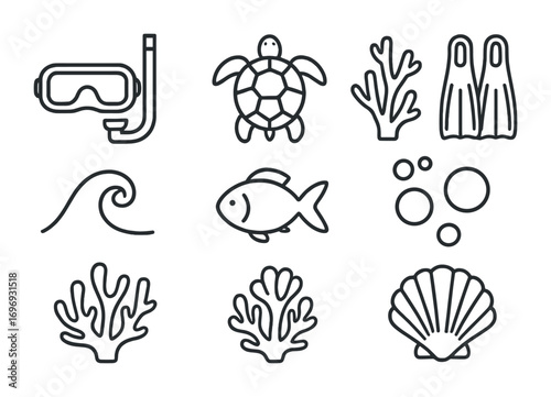 Ocean Adventure Icons. Outline icon set of ocean adventures: snorkel mask, turtle, coral, fins, wave, fish,