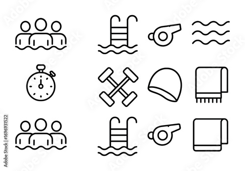 Water Aerobics Icons. Outline icon set of group water aerobics: multiple figures, pool ladder, whistle, waves,