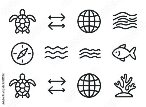 Sea Turtle Icon Set. Outline icon set of sea turtle migration: sea turtle, arrows, globe, ocean current lines,