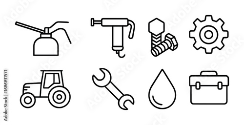 Lubrication Icon Set. Outline icon set of lubrication and maintenance: oil can, grease gun, bolts, gear,