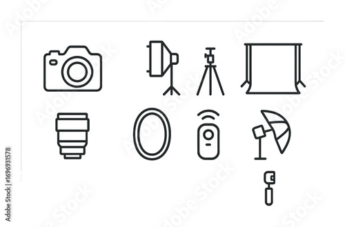 Photography Tools Icons. Outline icon set of studio photography tools: camera, softbox light, tripod, backdrop