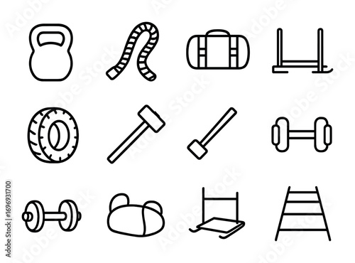 Functional Fitness Icons. Outline icon set of functional fitness: kettlebell, rope, sandbag, tire,