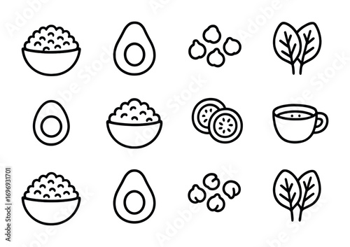 Healthy Food Icons Grid. Outline icon set of healthy food bowls: quinoa bowl, avocado, chickpeas, greens,