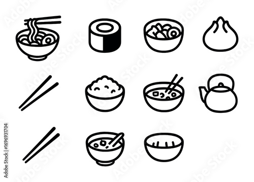 Asian Cuisine Icons. Outline icon set of Asian-inspired meals: ramen bowl, sushi roll, poke bowl, dumpling,