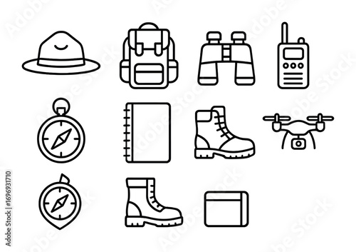 Conservation Ranger Icons. Outline icon set of conservation rangers: ranger hat, backpack, binoculars, radio,