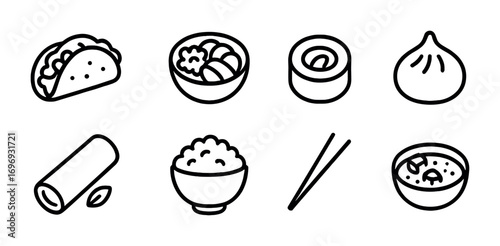 Fusion Cuisine Icons. Outline icon set of fusion cuisine: taco, poke bowl, sushi roll, dumpling, spring roll,