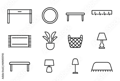 Entryway Icon Set. Outline icon set of entryway staging: console table, mirror, bench, hooks, rug, potted