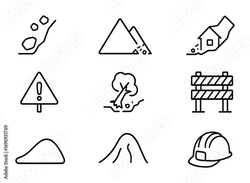 Landslide Icons Set. Outline icon set of landslides: falling rocks, mountain slope, house damaged, warning