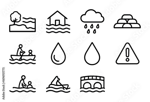 Flood Icon Set. Outline icon set of floods: overflowing river, submerged house, rain cloud, sandbags, boat
