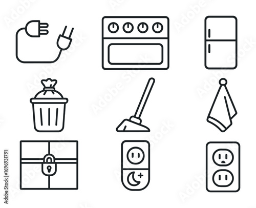 Safe Kitchen Shutdown Icons. Outline icon set of safe kitchen shutdown: unplugged appliances, stove knobs off,