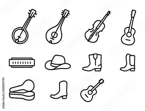 Street Music Icons. Outline icon set of folk street music: banjo, mandolin, fiddle, harmonica, hat, boots,