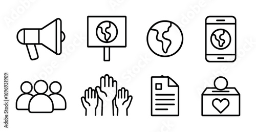 Climate Tools Icons. Outline icon set of climate activism tools: megaphone, protest sign, earth icon,