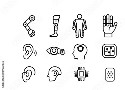 Bionic Enhancements Icons. Outline icon set of bionic enhancements: robotic arm, robotic leg, exoskeleton suit