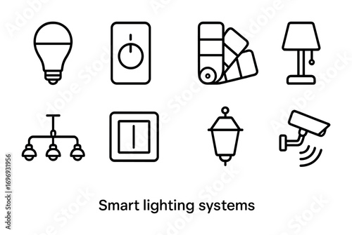 Smart Lighting Icons. Outline icon set of smart lighting systems: LED bulb, dimmer switch, color palette, lamp