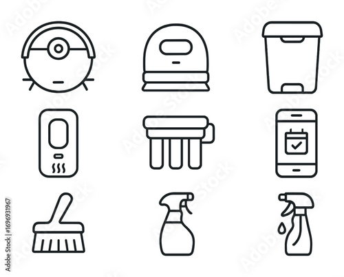 Smart Cleaning Icons. Outline icon set of smart cleaning devices: robotic vacuum, mop robot, smart trash bin,