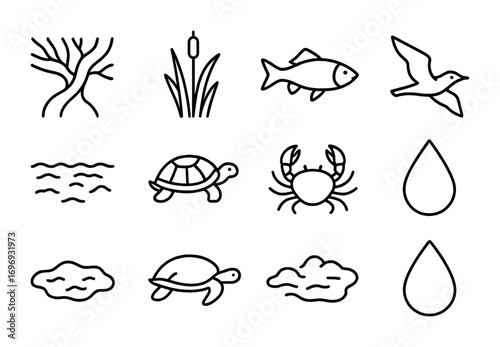 Delta Region Icons. Outline icon set of delta regions: river branches, wetland plants, fish, bird in flight,