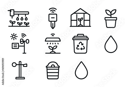 Smart Gardening Icons. Outline icon set of smart gardening devices: irrigation system, soil moisture sensor,