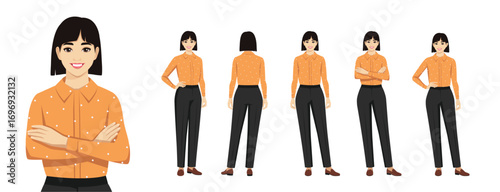 Set of young beautiful business woman with short hairstyle standing in different poses various angles. Isolated flat vector illustration.