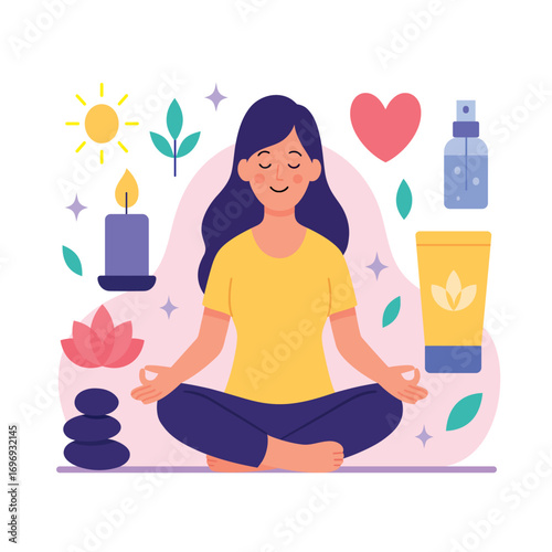 Young woman meditating in lotus pose, yoga and mindfulness illustration with spa, candle, cosmetics and nature elements, wellness and self care flat design