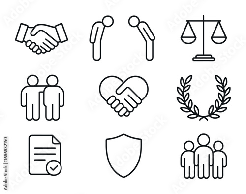 Mutual Respect Icons. Outline icon set of mutual respect: handshake, bowing figure, balance, agreement paper,