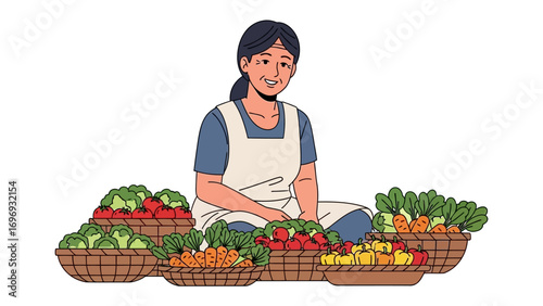 Fresh Harvest Market: A woman sits surrounded by baskets brimming with an array of freshly harvested fruits and vegetables, creating a vibrant scene of abundance.