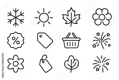 Seasonal Sale Icons. Outline icon set of seasonal sales banners: snowflake, sun, autumn leaf, flower, discount