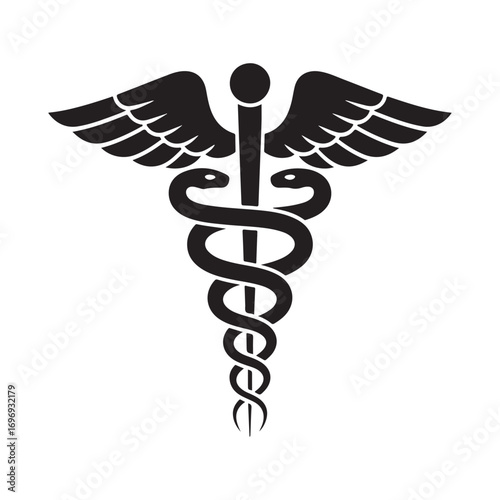 Black Caduceus Medical Symbol with Wings and Two Snakes Isolated on White
